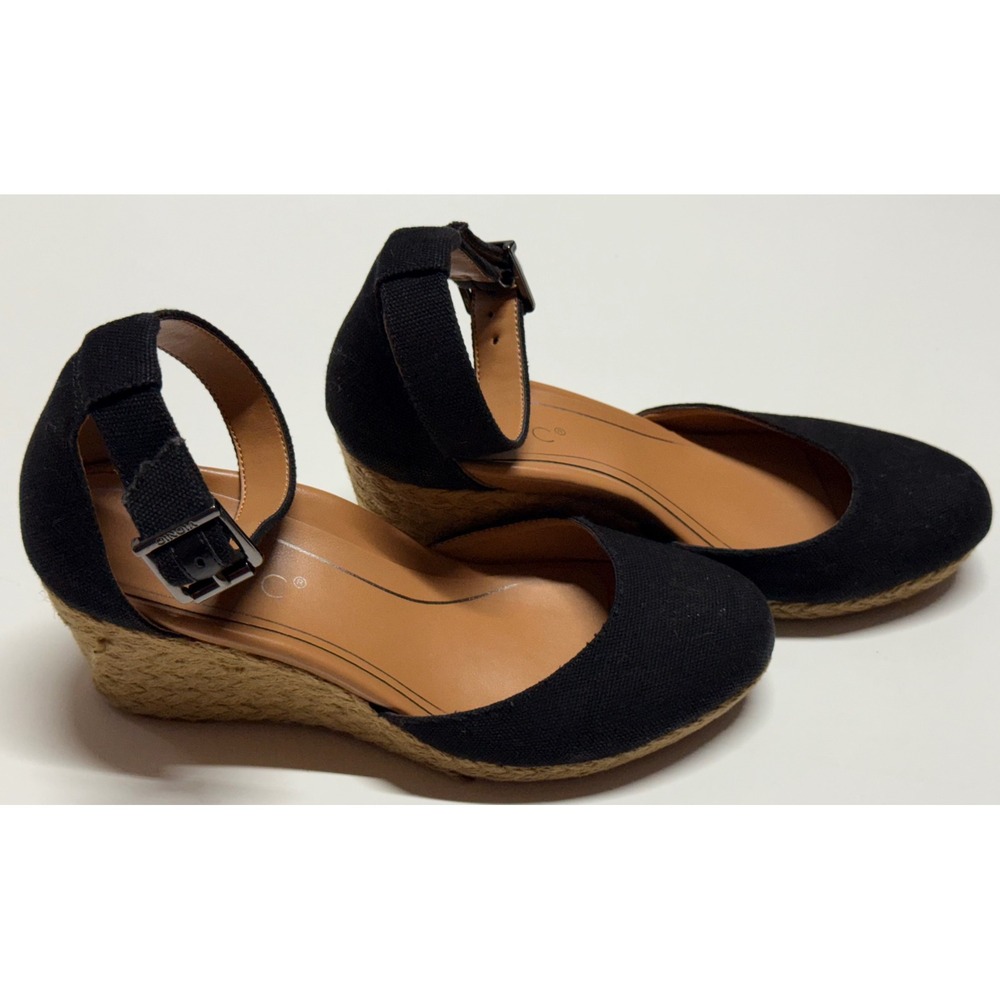 Vionic Amy CNVS Black Canvas Espadrille Wedge Sandals Womens 6 Orthotic Support